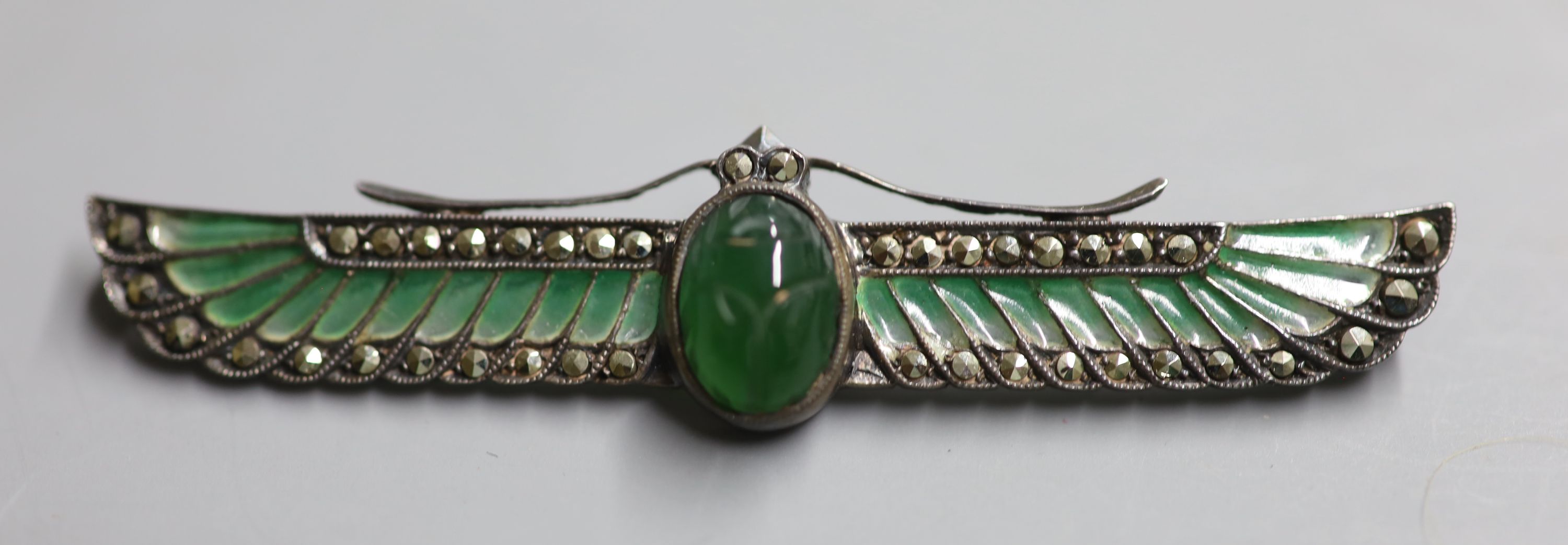 A 925, chrysophase?, marcasite and plique a jour scarab bar brooch, 70mm.